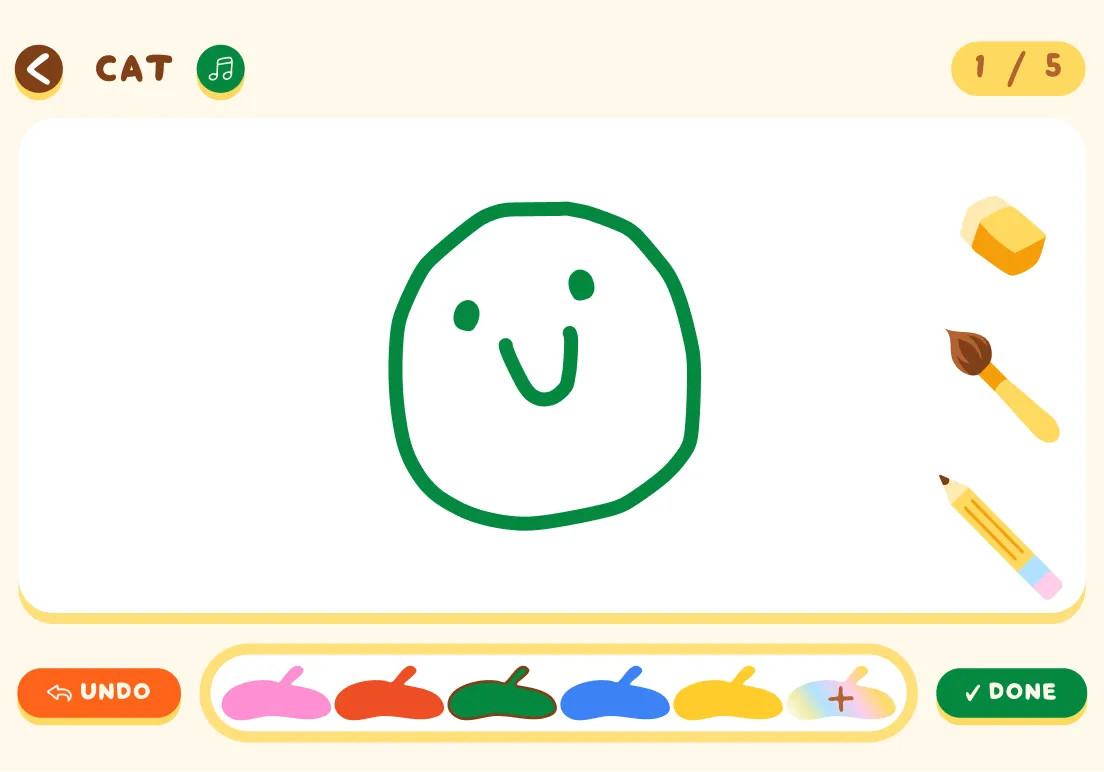 Kalyaki Learn screen showing a hand-drawn cat with the prompt "cat" and a color palette
