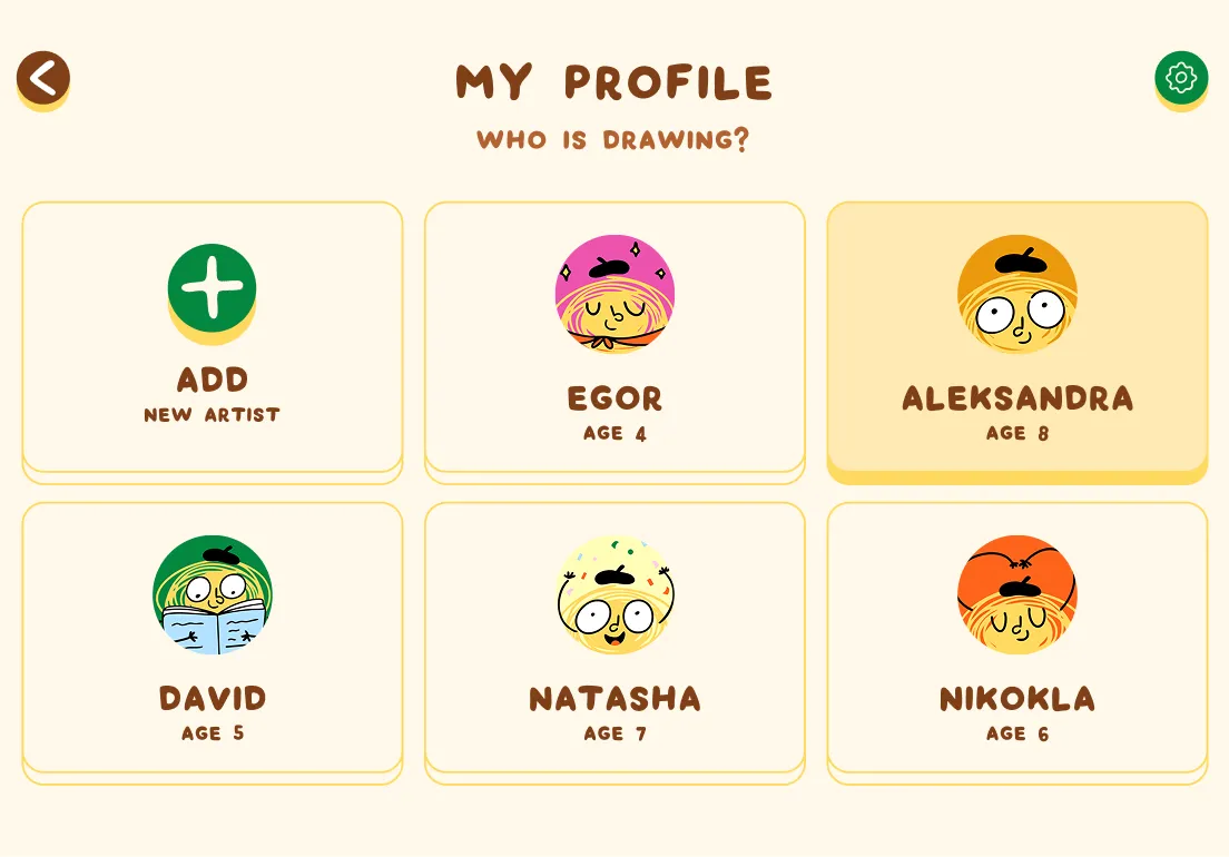 Kalyaki profile-select screen with five kid profile cards