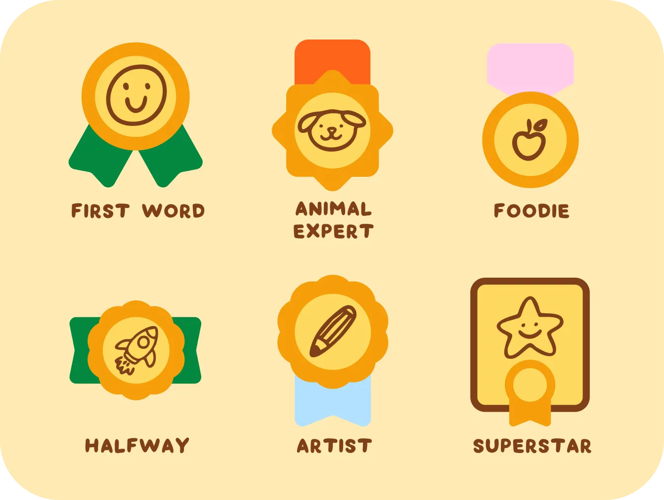 Six Kalyaki reward badges: First Word, Animal Expert, Foodie, Halfway, Artist and Superstar