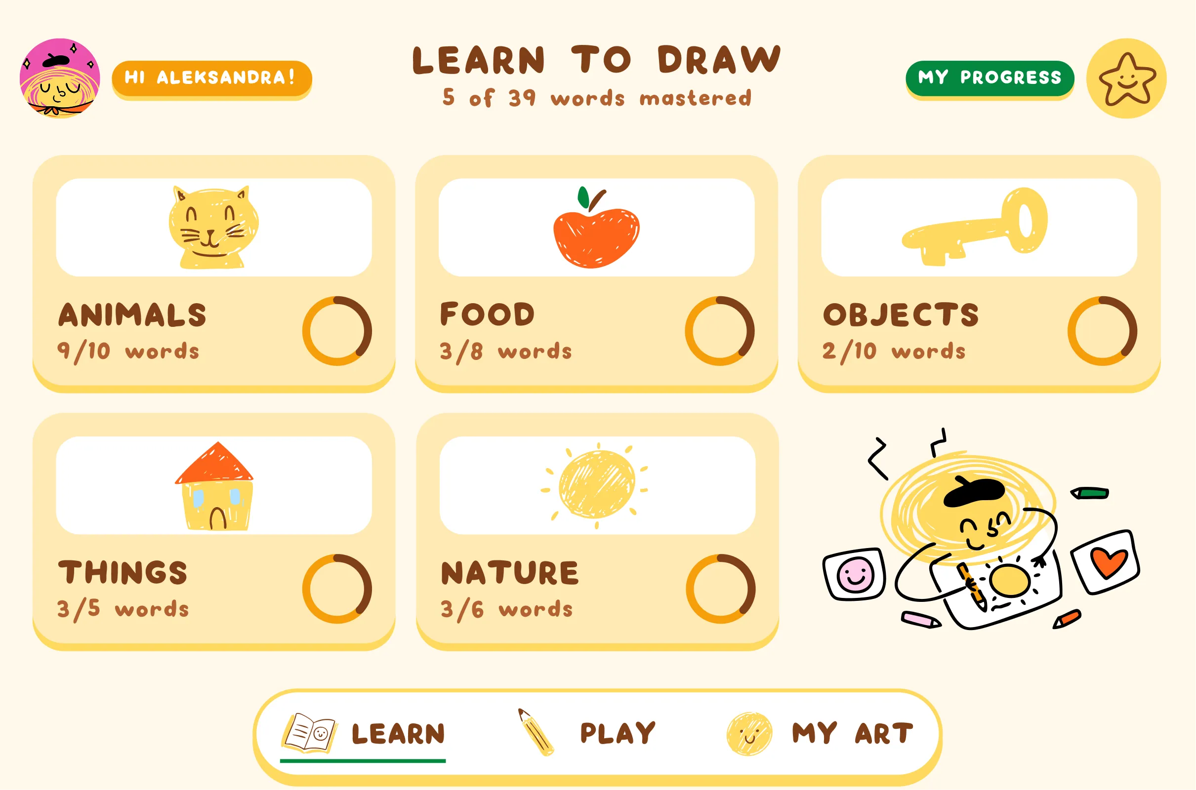 The Kalyaki Learn screen showing five word-pack cards: Animals, Food, Objects, Things, and Nature, plus a Learn/Play/My Art tab bar.